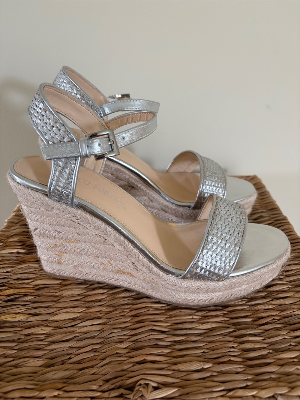 Franco Fortini Silver “Lyla” Woven Platform Espadrille Wedge Sandals - size 7.5